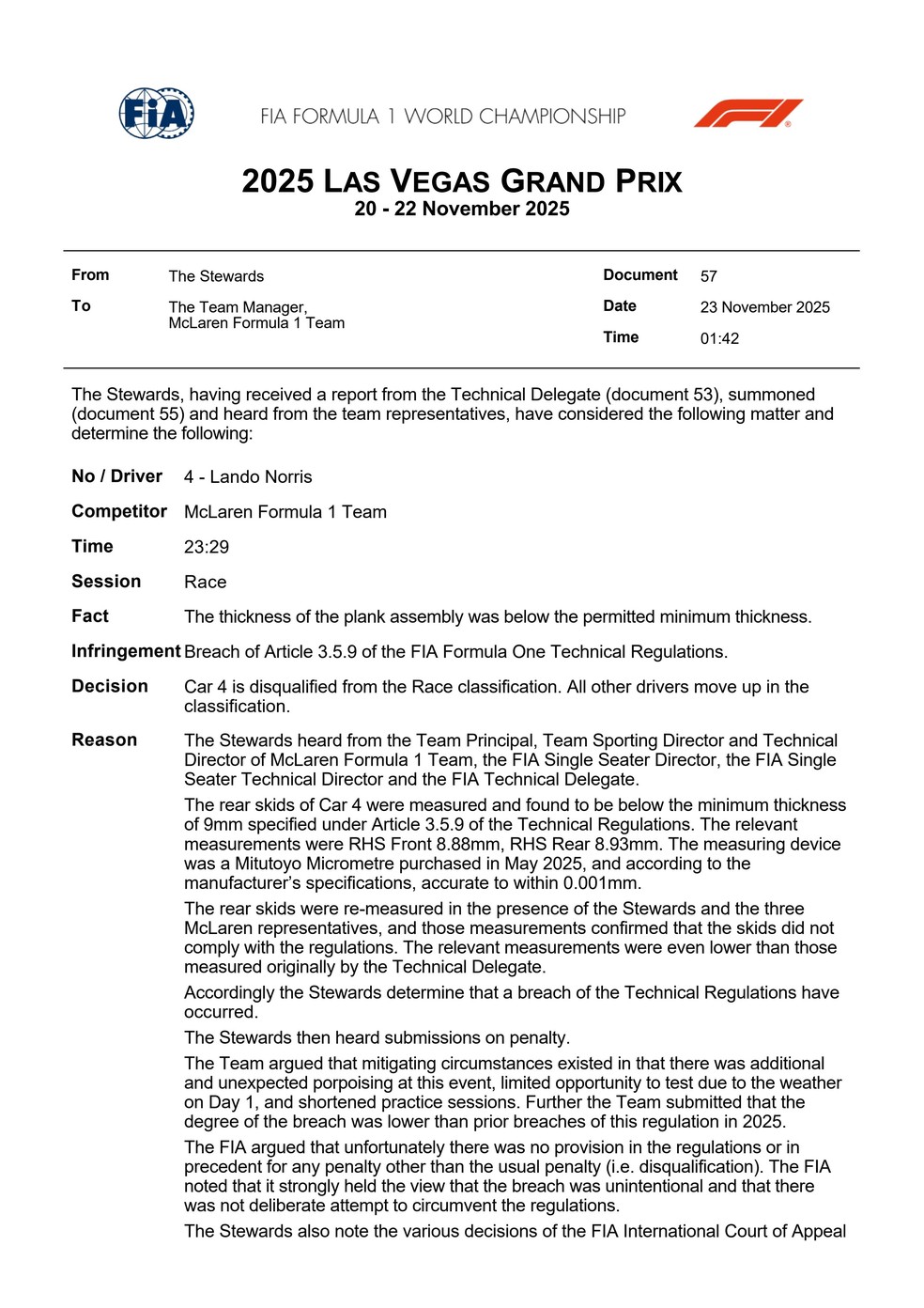 Lando Norris é desclassificado do GP de Las Vegas — Foto: FIA
