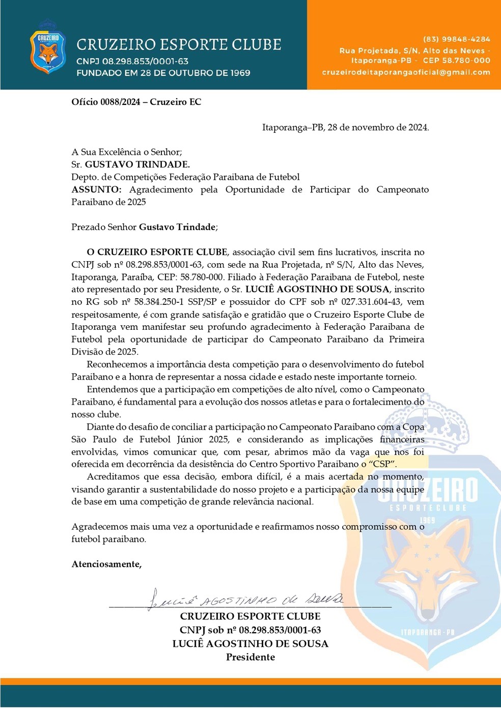 Cruzeiro-PB desiste de participar do Paraibano 2025 — Foto: Divulgação / Cruzeiro-PB