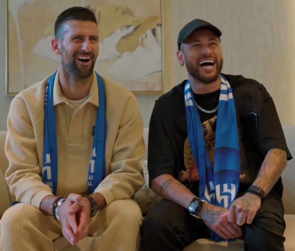 Neymar e Djokovic se encontram no Al-Hilal — Foto: Reprodução