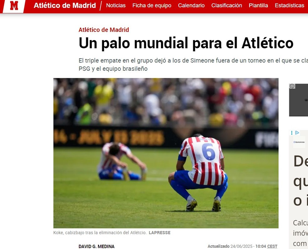 Marca destaca eliminação do Atlético de Madrid — Foto: Reprodução/Marca