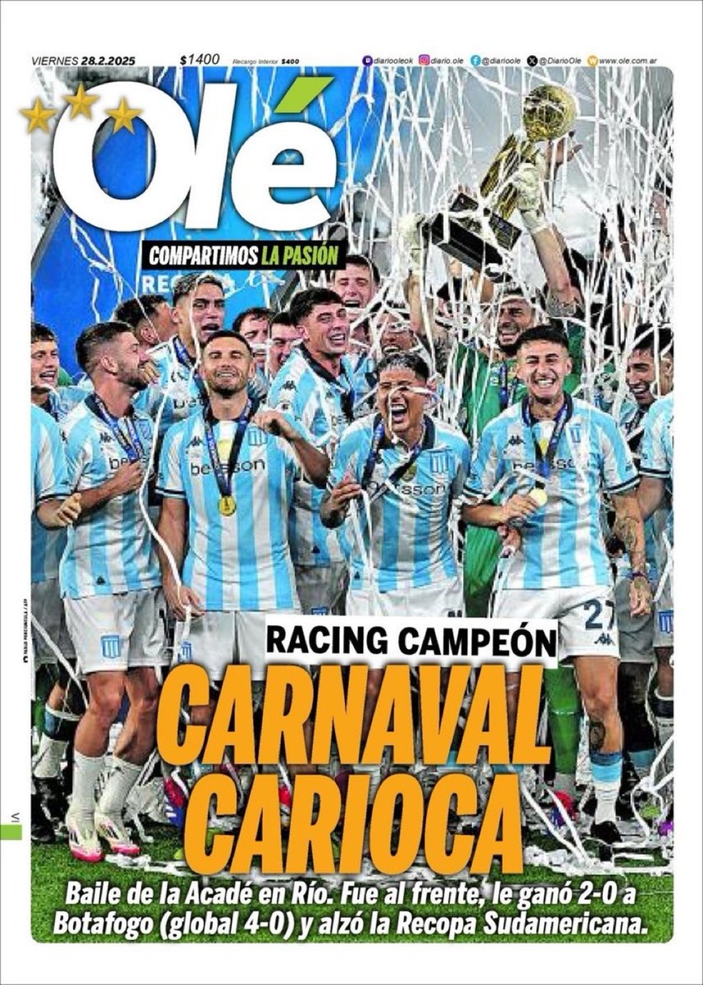 Capa do "Olé" cita "Carnaval carioca" após título do Racing — Foto: Reprodução