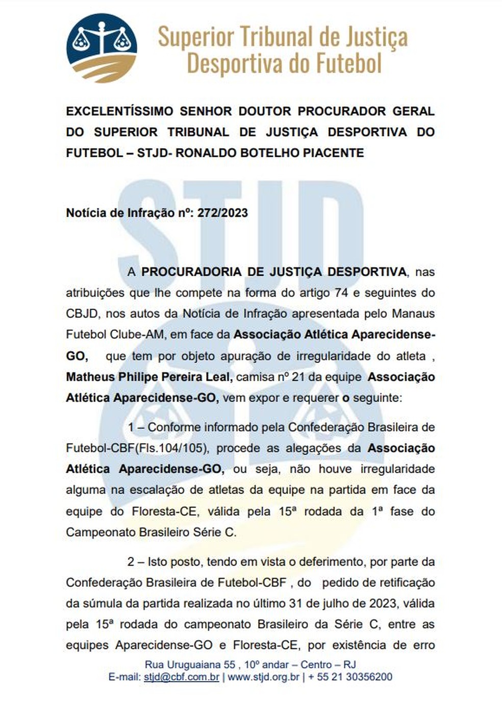 STJD pede aquivameno de not&iacute;cia de infra&ccedil;&atilde;o do Manaus &mdash; Foto: Reprodu&ccedil;&atilde;o