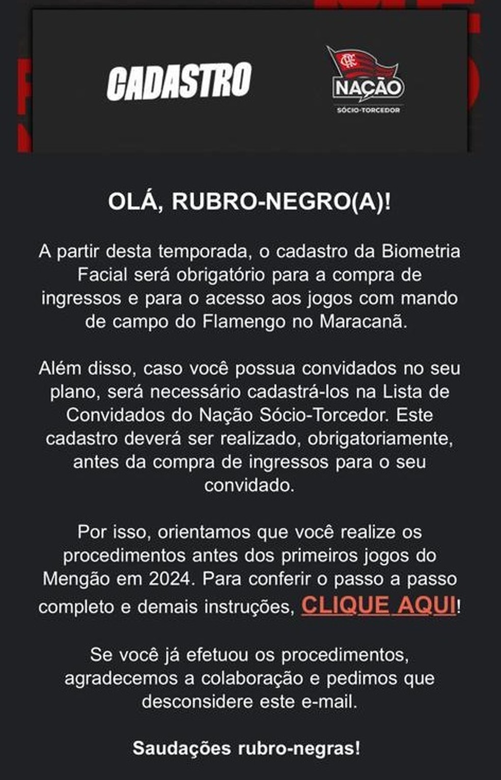 E-mail do Flamengo para cadastro da biometria facial dos sócios — Foto: Reprodução