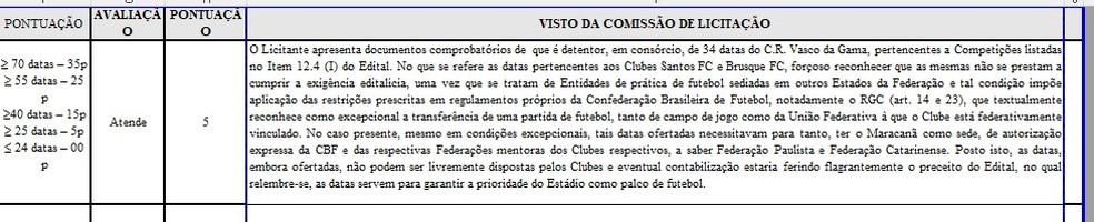 Justificativa da comissão para dar pontuação mínima ao Vasco e a WTorre — Foto: Reprodução