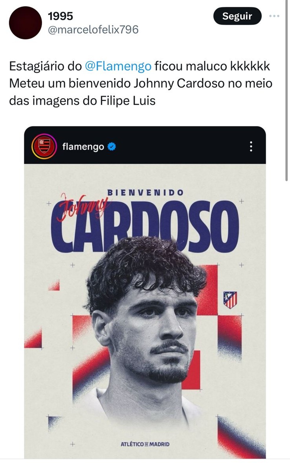 Print de Johnny Cardoso publicado pelo Flamengo — Foto: Reprodução