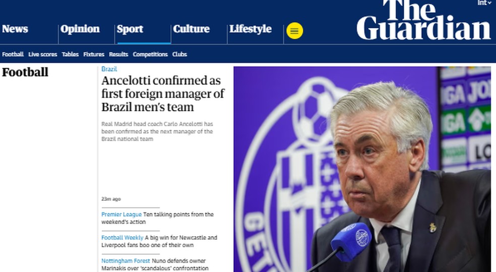 Veja a repercussão internacional do anúncio de Carlo Ancelotti pela CBF — Foto: Reprodução / Guardian