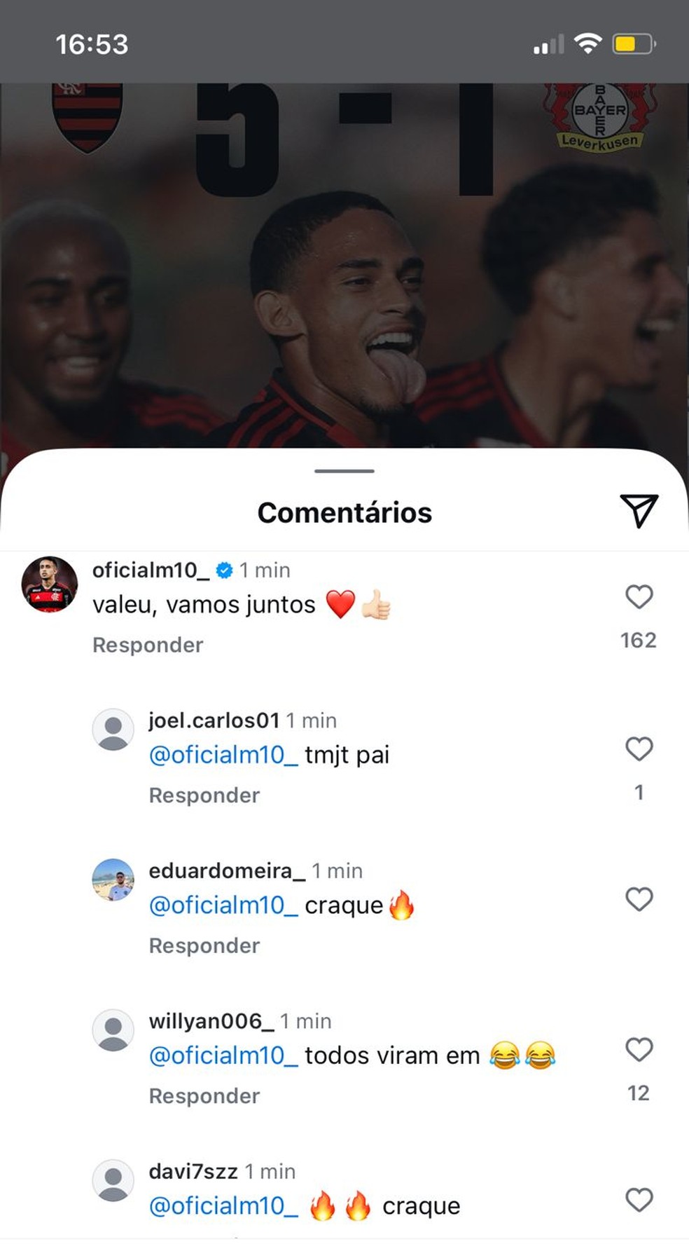 Matheus Gonçalves faz segundo comentário em post do Flamengo — Foto: Reprodução / Instagram