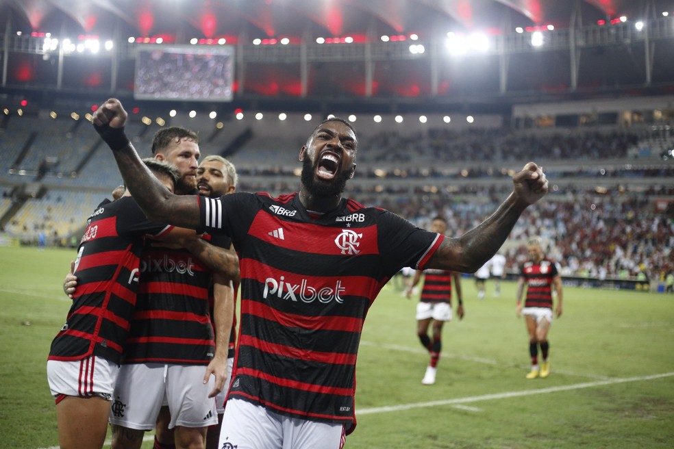 Gerson comemora a vitória do Flamengo sobre o Botafogo — Foto: Gilvan de Souza / CRF