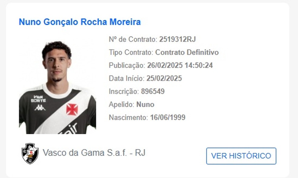 Nuno Moreira est� regularizado no BID da CBF pelo Vasco � Foto: Reprodu��o