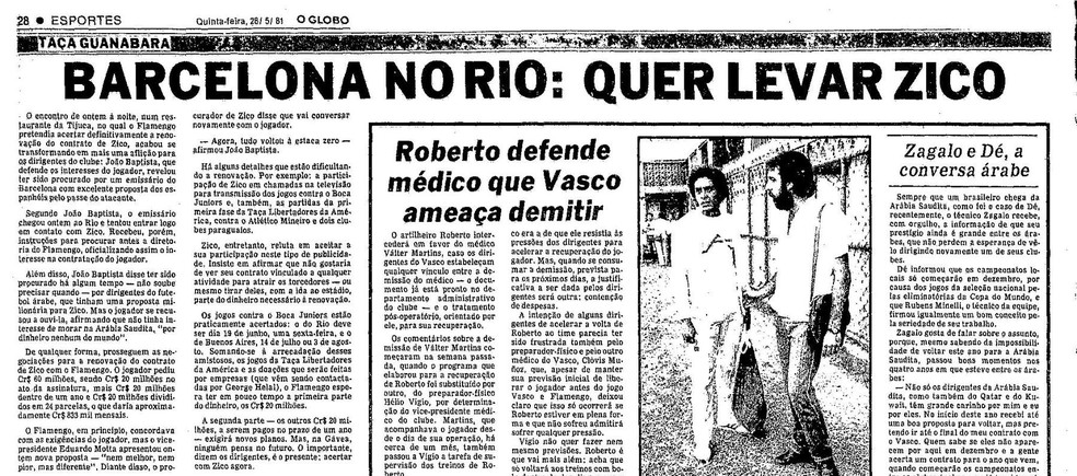 Barcelona tentou contratar Zico antes de renovação com o Flamengo em 1981 — Foto: Reprodução / O Globo