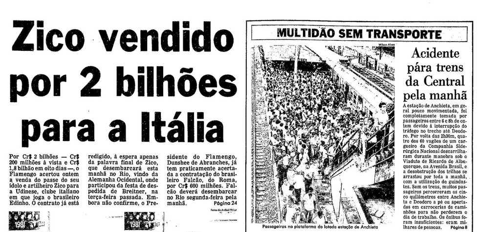 Capa do jornal O Globo no dia da venda de Zico — Foto: Acervo O Globo