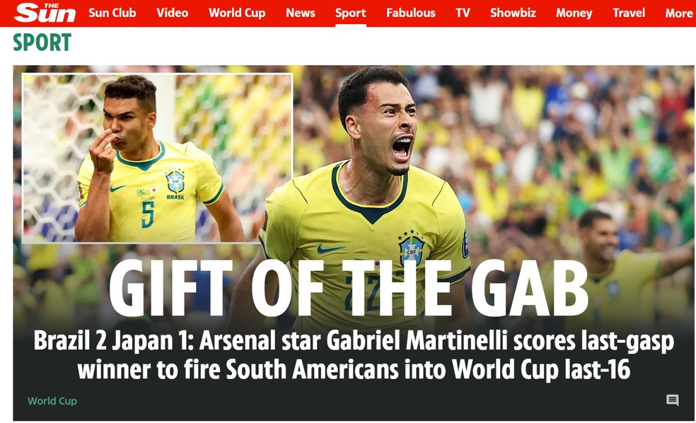 The Sun destaca vitória do Brasil: "Dom da palavra", em alusão aos nomes de Martinelli e Casemiro — Foto: Reprodução