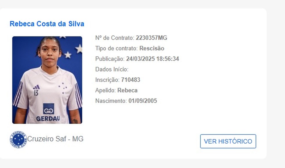 Cruzeiro publica rescisão de Rebeca — Foto: Reprodução