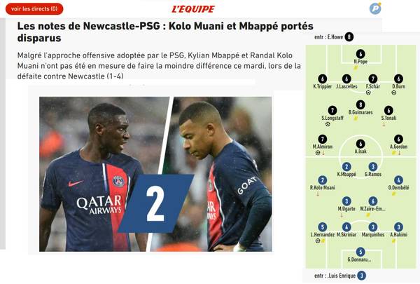 Newcastle x PSG : le journal français note Mbappé et Marquinhos 2 |  Ligue des champions