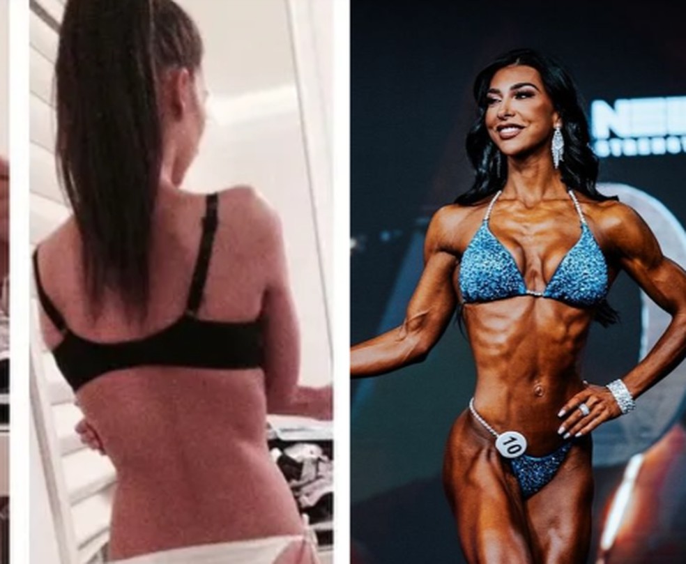 Antes e depois de Lauralie Chapados, vencedora da categoria Biqu&iacute;ni no Mr. Olympia 2024 &mdash; Foto: Reprodu&ccedil;&atilde;o/redes sociais