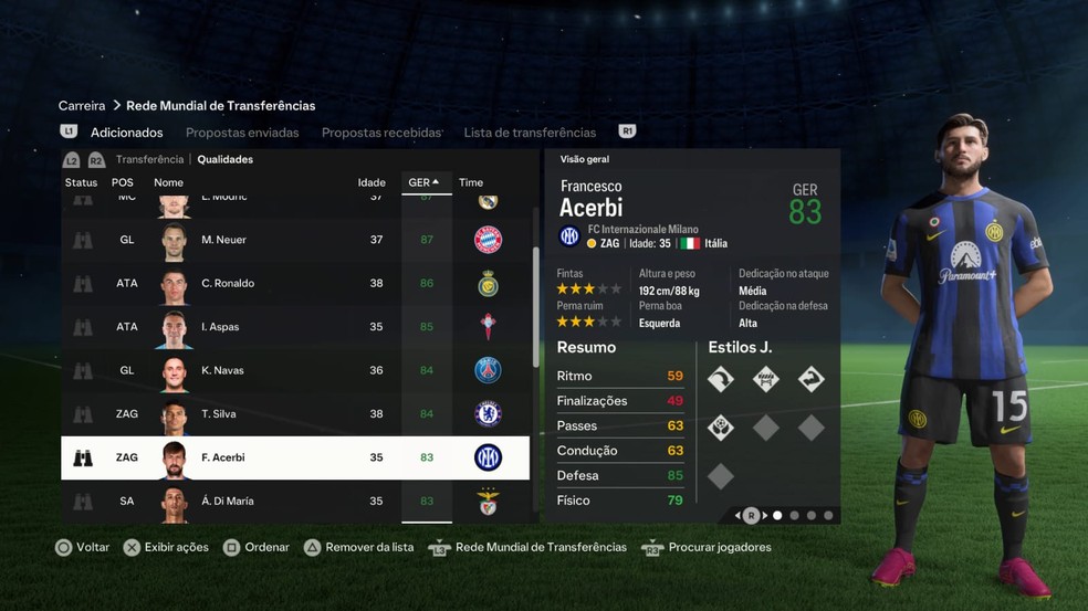 Acerbi no modo carreira do FC 24 — Foto: Reprodução/EA Sports