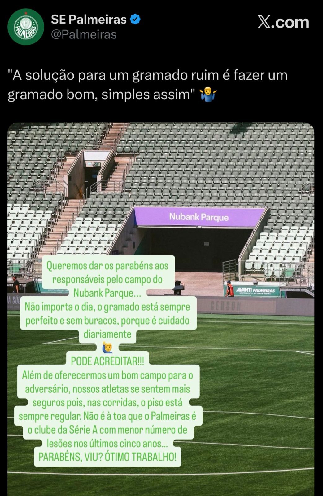Palmeiras cutuca Neymar com elogio ao gramado do Nubank Parque: "Parabéns, viu? Ótimo trabalho"