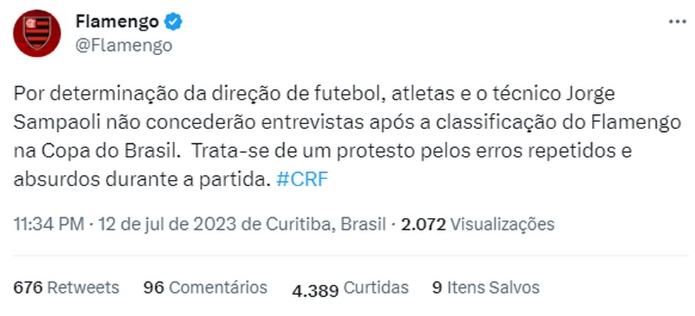 Flamengo se pronuncia em protesto contra a arbitragem  � Foto: Reprodu��o: Flamengo