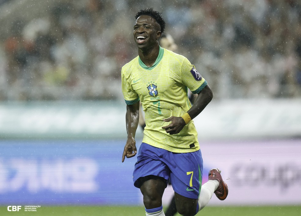 Vini Jr celebra gol em Brasil x Coreia do Sul — Foto: Rafael Ribeiro / CBF