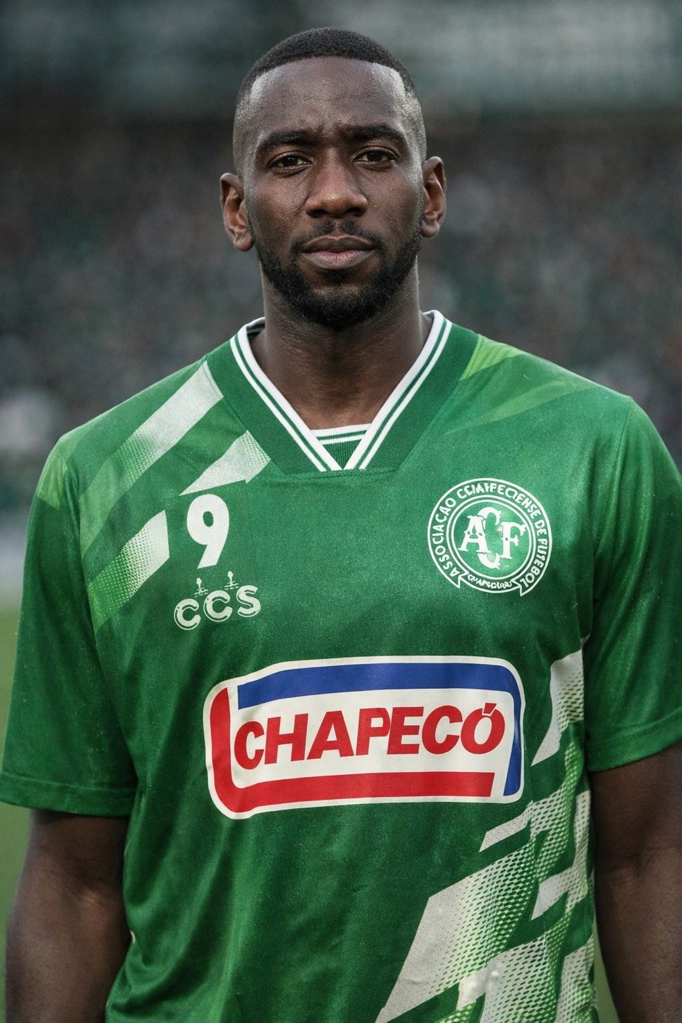 Bolasie com uniforme da Chapecoense de 1996, em montagem feita por inteligência artificial — Foto: Montagem, IA