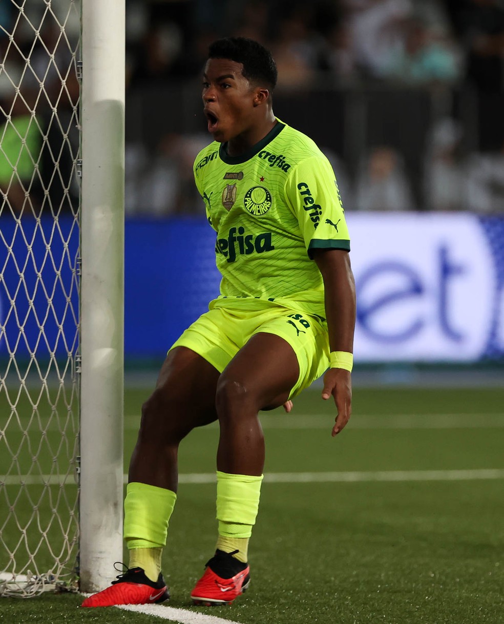 Endrick comemora gol do Palmeiras contra o Botafogo — Foto: Cesar Greco/Palmeiras