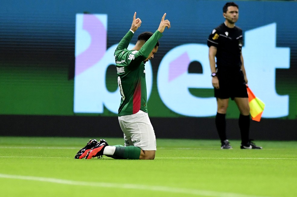 Vitor Roque comemora o segundo gol do Palmeiras contra o São Paulo — Foto: Marcos Ribolli