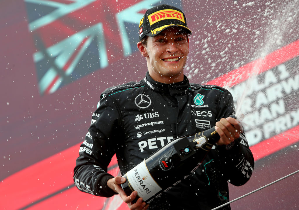 George Russell no pódio do GP da Áustria de F1 em 2024 — Foto: Joe Portlock - Formula 1/Formula 1 via Getty Images