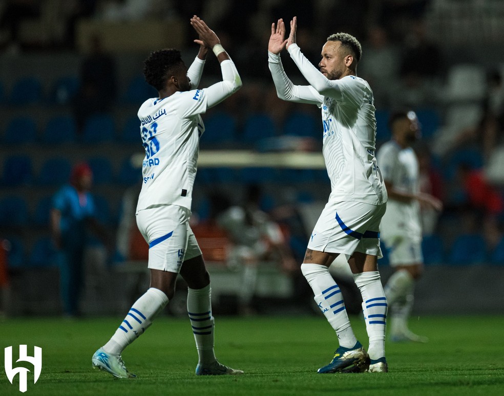Neymar comemora gol marcado em Al-Hilal x Al-Fayha — Foto: Divulgação
