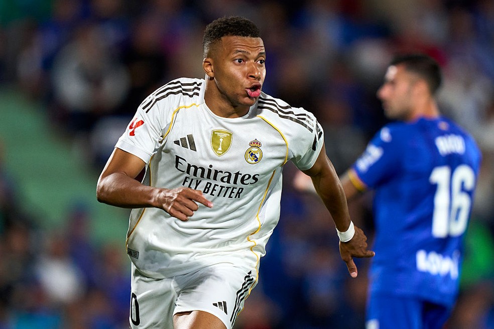 Mbappé comemora gol pelo Real Madrid. Foto: Getty Images