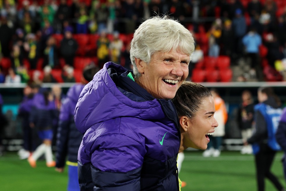 Pia Sundhague comemora a vitória da seleção brasileira feminina contra o Panamá na Copa — Foto: Getty Images