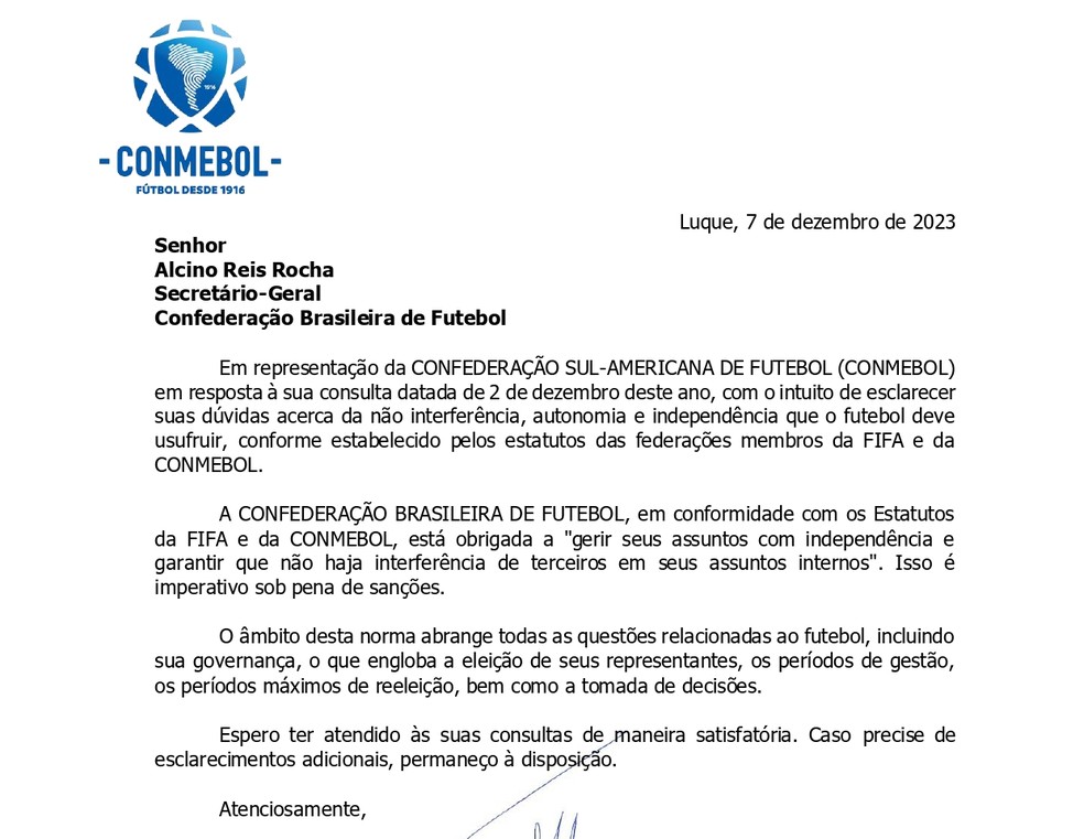 Carta Conmebol/CBF — Foto: Reprodução