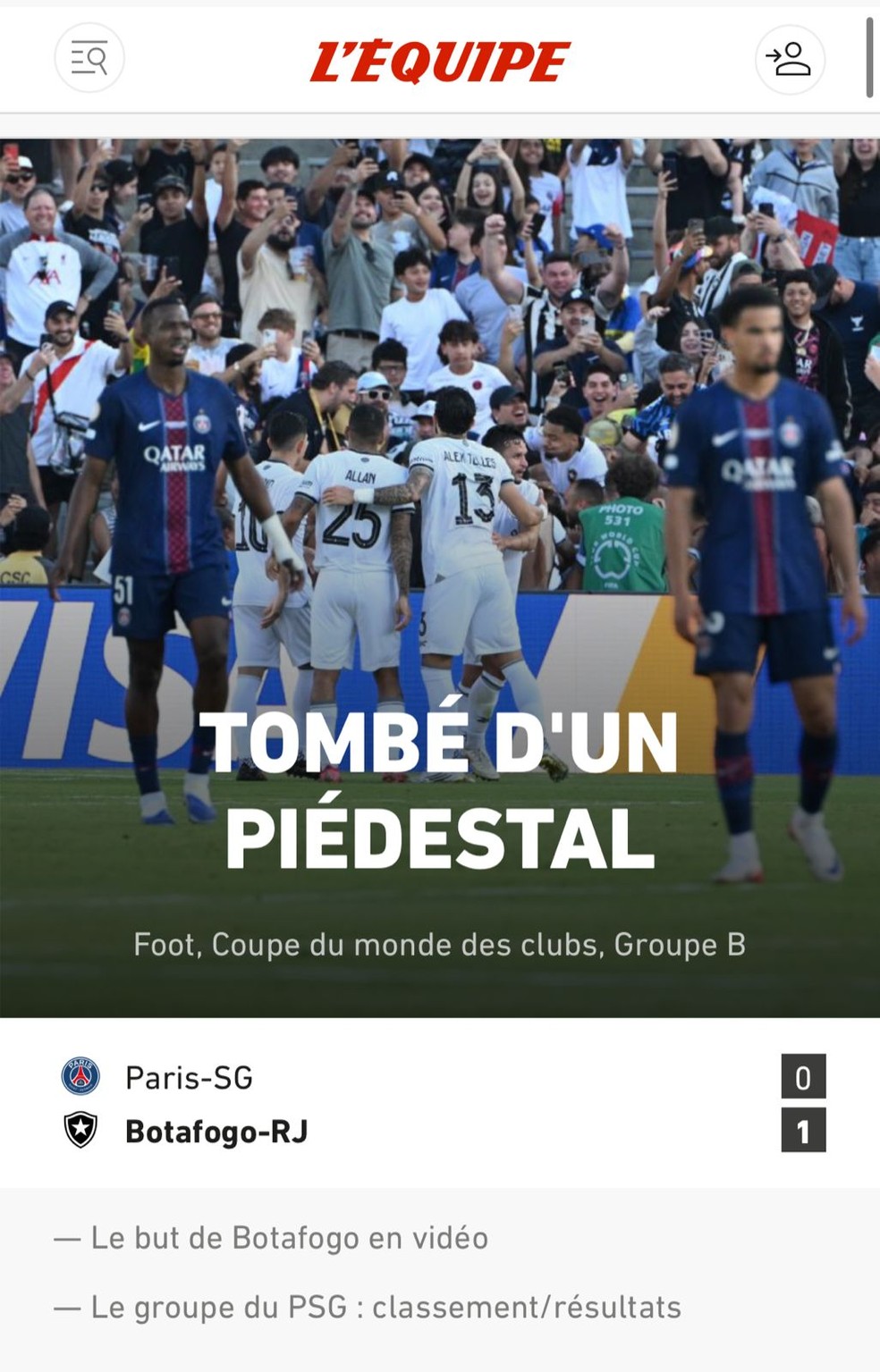 Manchete do L'Equipe, da França, após vitória do Botafogo sobre o PSG — Foto: Reprodução