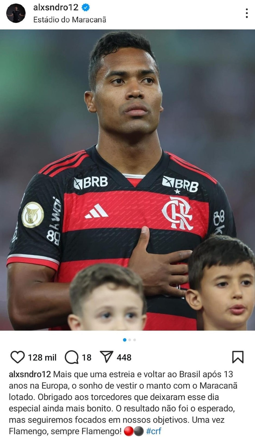 Alex Sandro comemora estreia pelo Flamengo nas redes sociais — Foto: Reprodução / Instagram