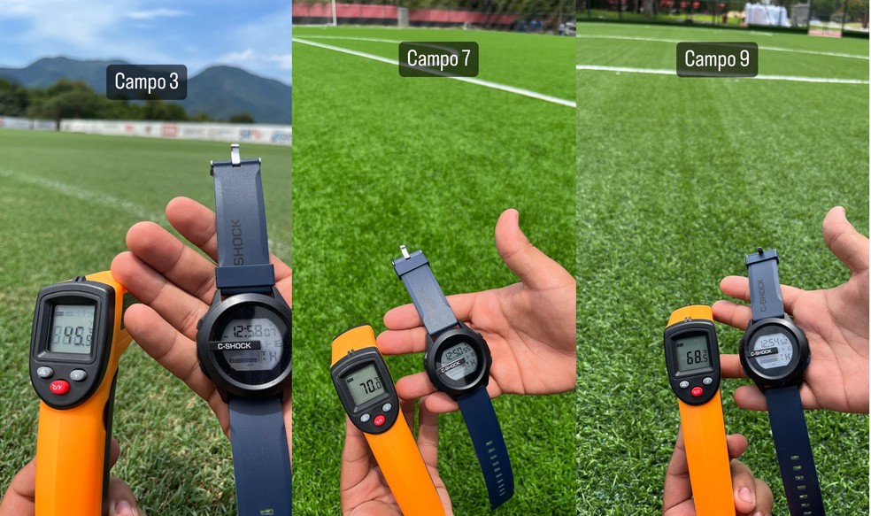 Confira a medição realizada pelo Flamengo nos campos de grama sintética do Ninho do Urubu — Foto: Divulgação