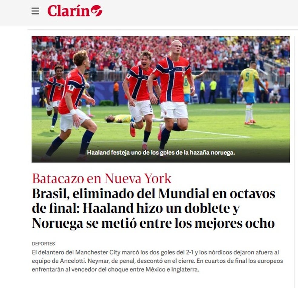 Capa de jornal Clarín sobre a eliminação do Brasil