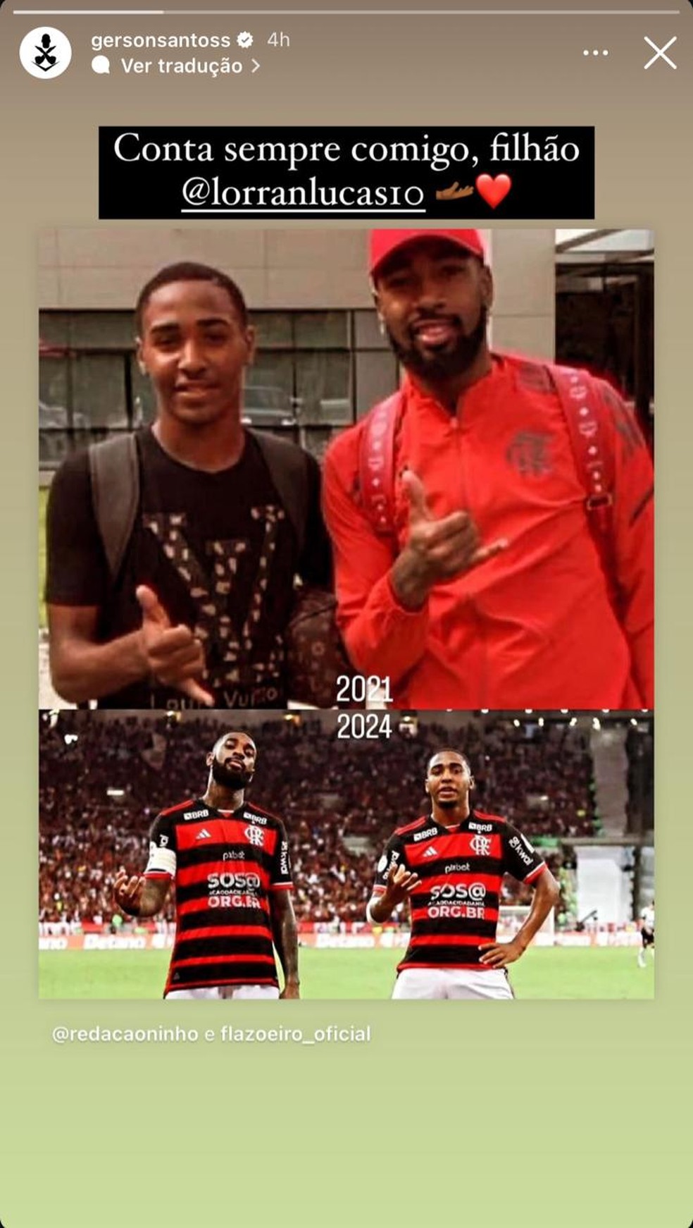 Gerson posta homenagem a Lorran ap�s Flamengo x Corinthians � Foto: Reprodu��o