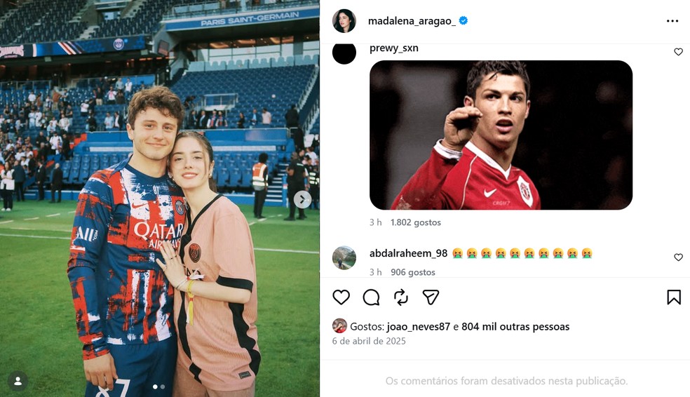 Madalena Aragão, namorada de João Neves é alvo de comentários negativos após fala de meio-campista sobre Cristiano Ronaldo — Foto: Reprodução