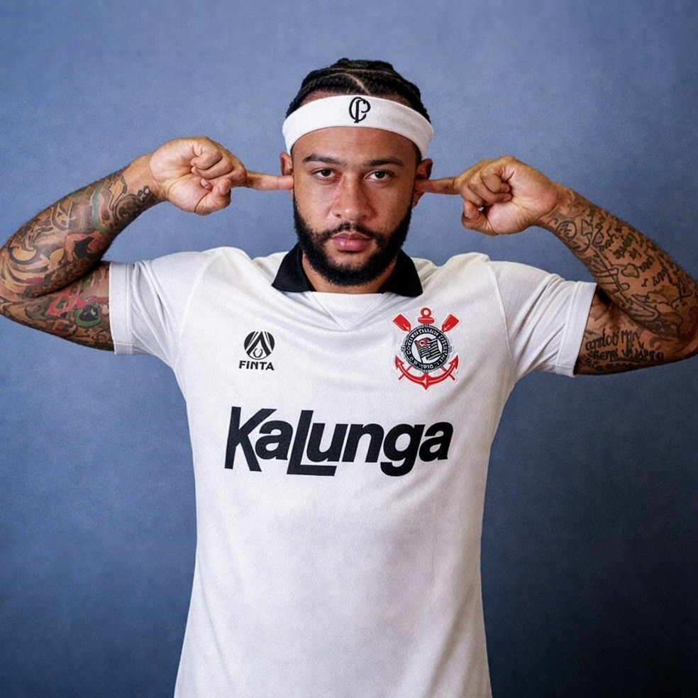 Memphis Depay com uniforme do Corinthians de 1990, em montagem de IA — Foto: Montagem IA