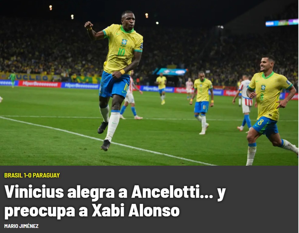 Jornal Marca destaca diz que Vini Jr "alegrou" Ancelotti com gol e "preocupou" Xabi Alonso, técnico do Real Madrid, por dores na coxa — Foto: Getty Images