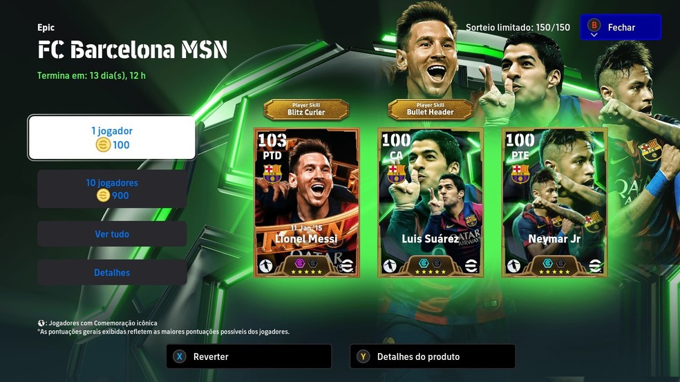 Campanha "FC Barcelona MSN" celebra trio histórico de 2014-2017 do Barça com Messi, Neymar e Suárez — Foto: Reprodução in-game/eFootball 2024