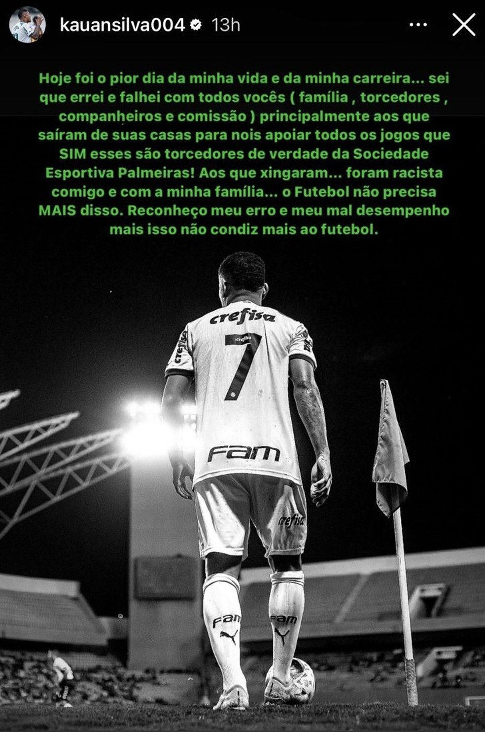 Kauan Santos, atacante do Palmeiras, relata ofensas racistas após eliminação — Foto: Reprodução