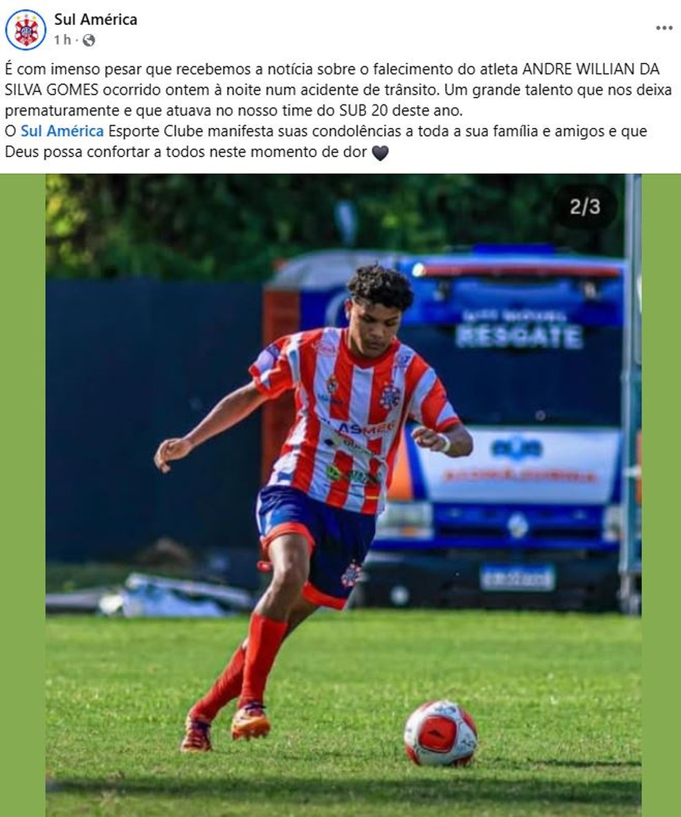 Em nota, a diretoria do Sul América lamentou a morte do atleta, que era considerado um grande talento do clube. — Foto: Divulgação