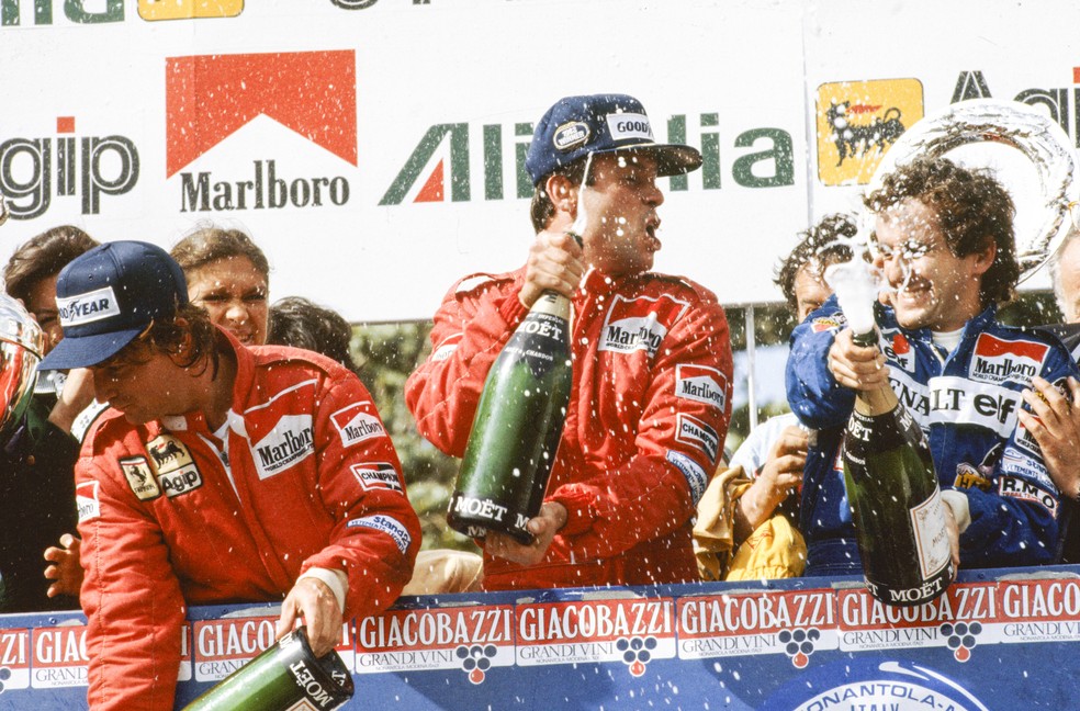 Patrick Tambay, Alain Prost e René Arnoux no pódio de 1983