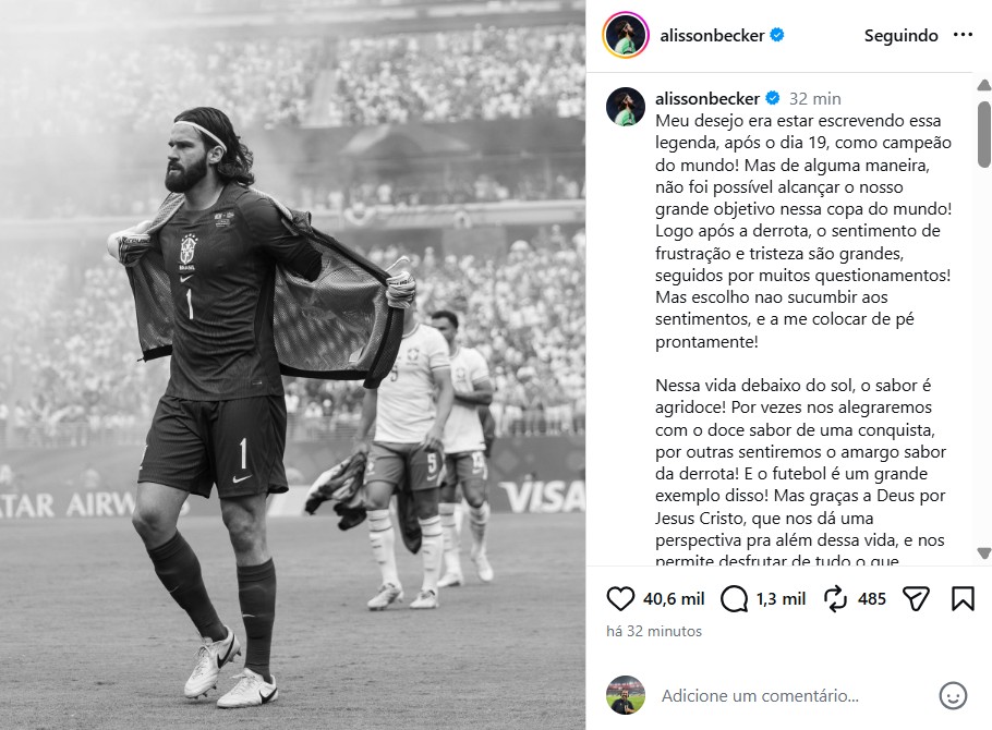 Alisson diz que Brasil segue na busca pelo hexa: "Nessa vida debaixo do sol, o sabor é agridoce"