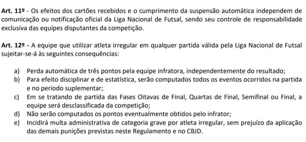 Regulamento Liga Nacional de Futsal — Foto: Reprodução