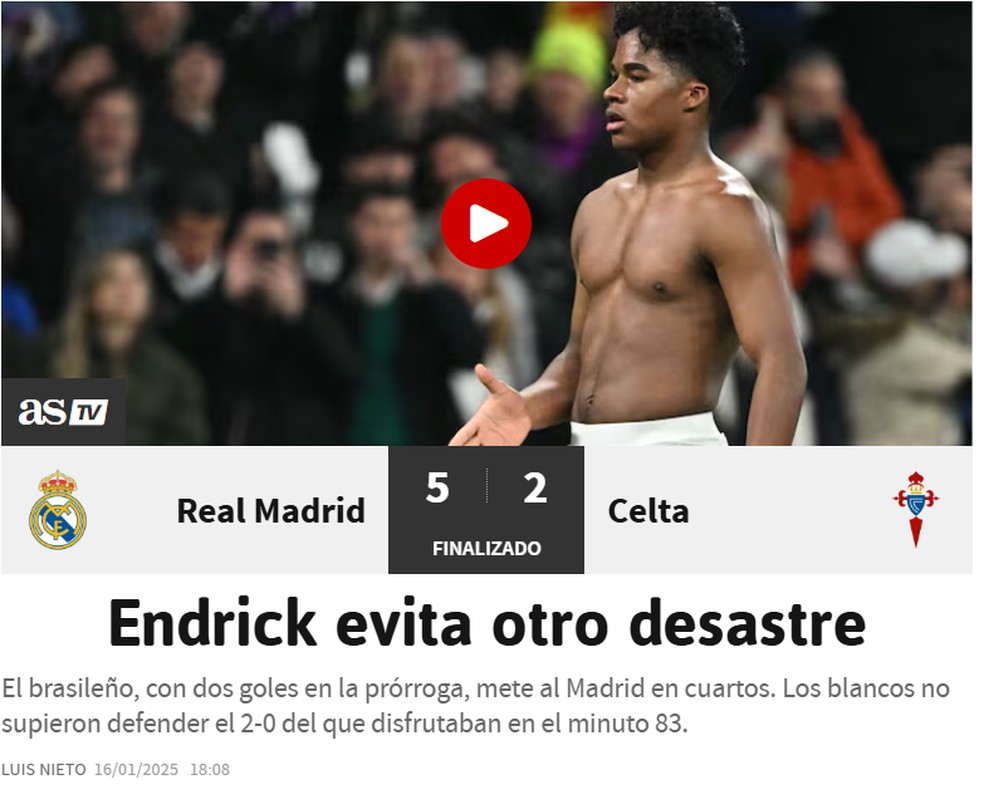 Jornal "As" repercute atuação de Endrick no Real Madrid — Foto: Reprodução