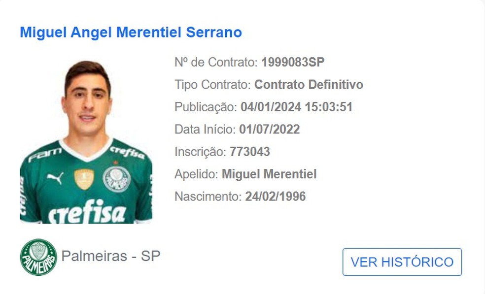 Merentiel é registrado no BID pelo Palmeiras — Foto: Reprodução