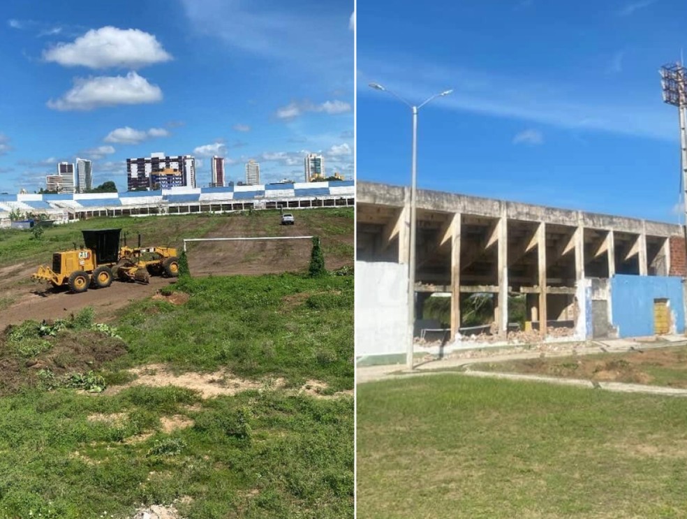 Estádio Nogueirão: trator realiza limpeza do campo; muro foi derrubado — Foto: Avante Potiguar