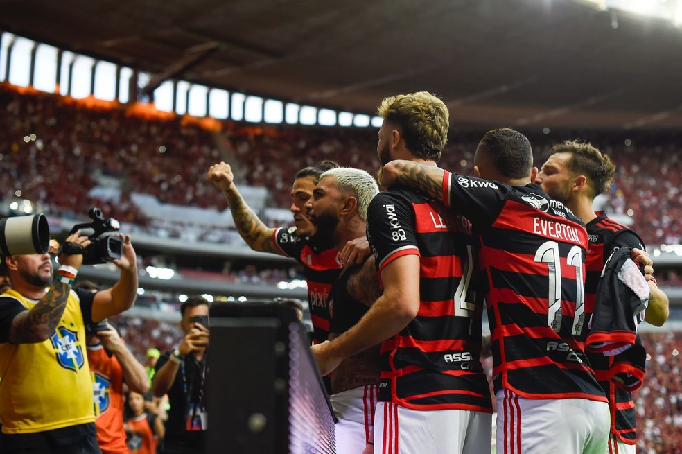 Gabigol comemora o gol da vitória do Flamengo sobre o Criciúma — Foto: Marcelo Cortes / CRF