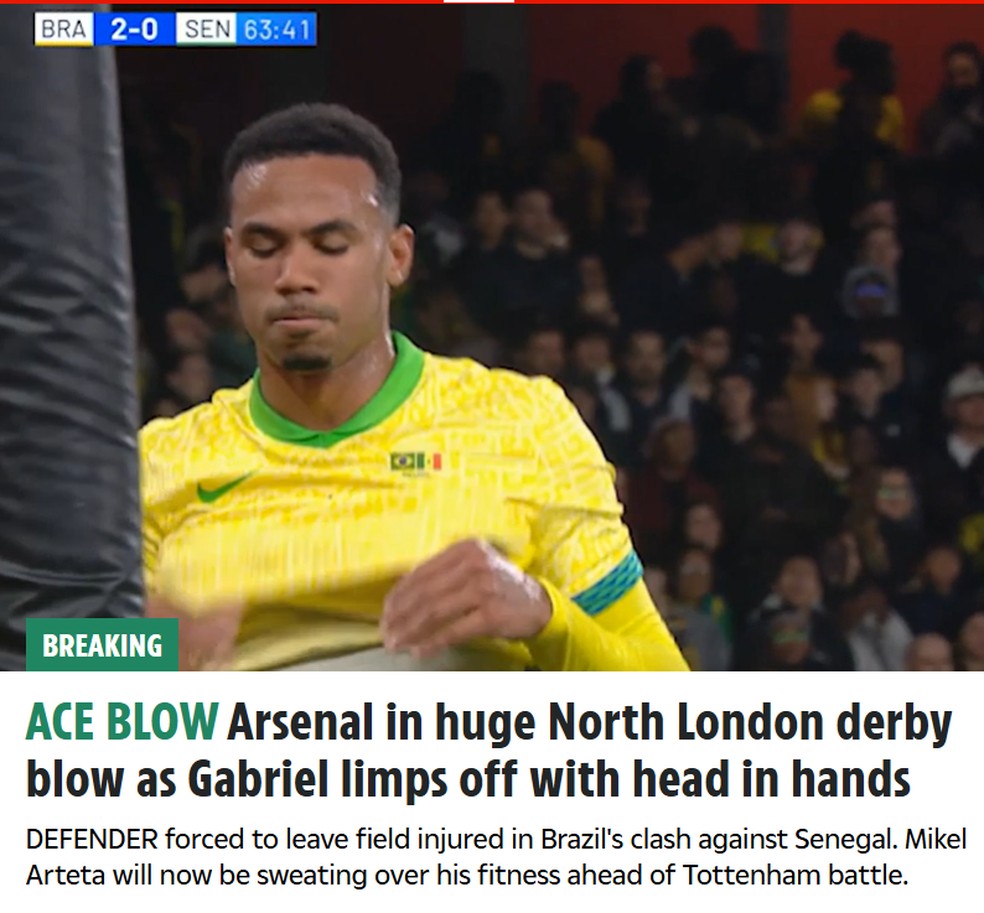 Jornal The Sun, da Inglaterra, destaca lesão de Gabriel Magalhães, do Arsenal — Foto: Reprodução